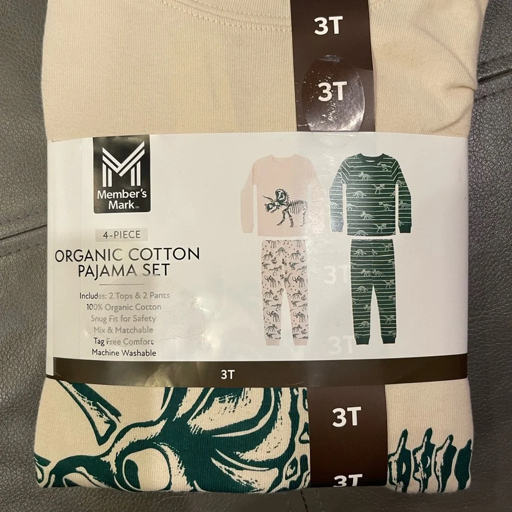 Member's Mark Organic Cotton Kids Dinosaur Pajama Sets - Beige and Teal